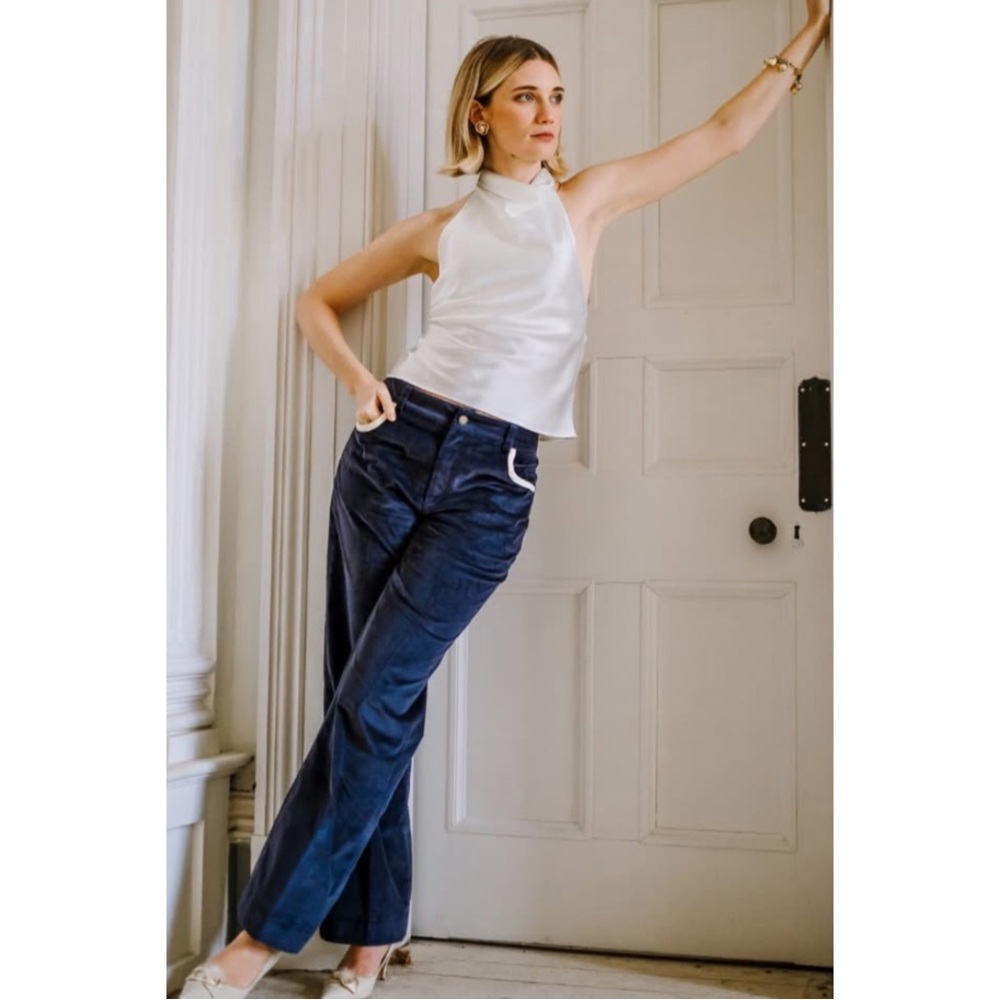 FINNLETTA | NWT Gaia Needlecord Trousers with Velvet Trim in Navy, US 4 (UK 8)